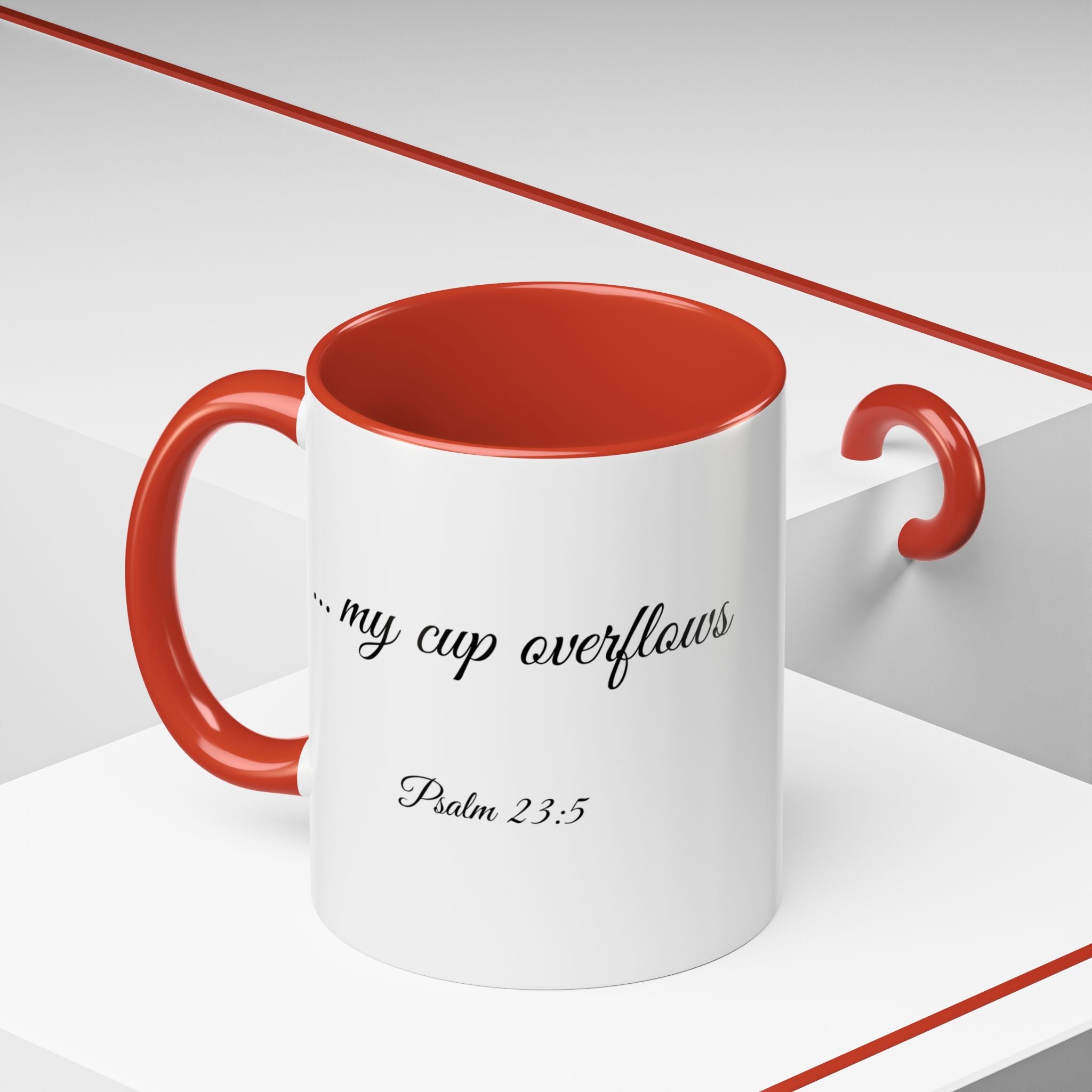 Inspirational Christian Scripture, Bible Verse, "Psalm 23:5", "... my cup overflows", Left-Handed, Multiple Colors, Ceramic, Mug, (11oz, 15oz)