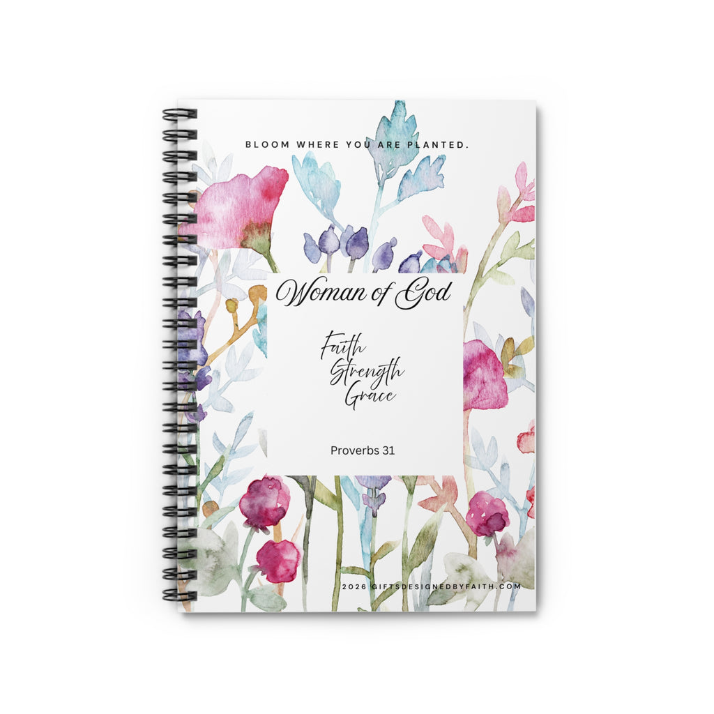 Inspirational Christian Scripture, Bible Verse, Journal, "Proverbs 31", "Woman of God", ("Faith, Strength, Grace"), Floral, Spiral, Notebook, - Ruled Line