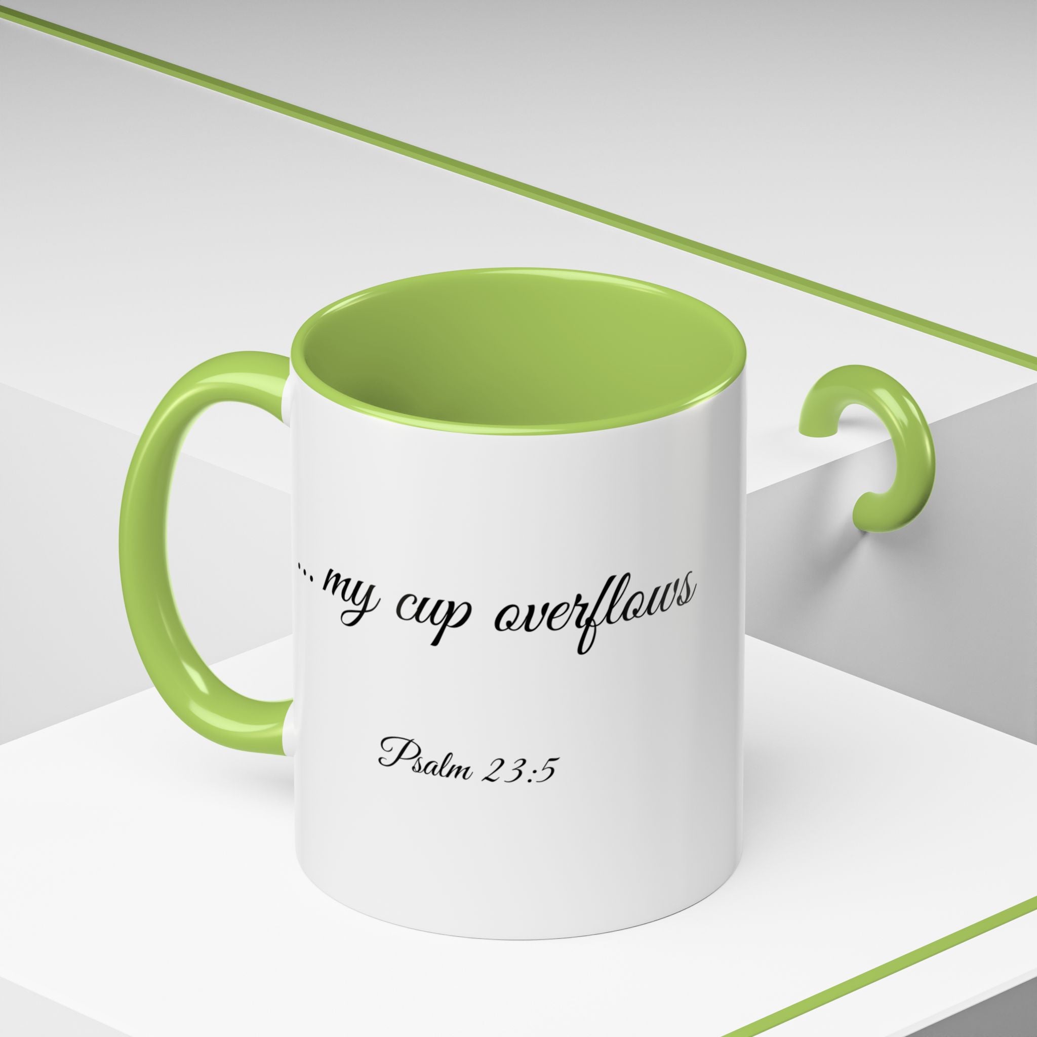 Inspirational Christian Scripture, Bible Verse, "Psalm 23:5", "... my cup overflows", Left-Handed, Multiple Colors, Ceramic, Mug, (11oz, 15oz)