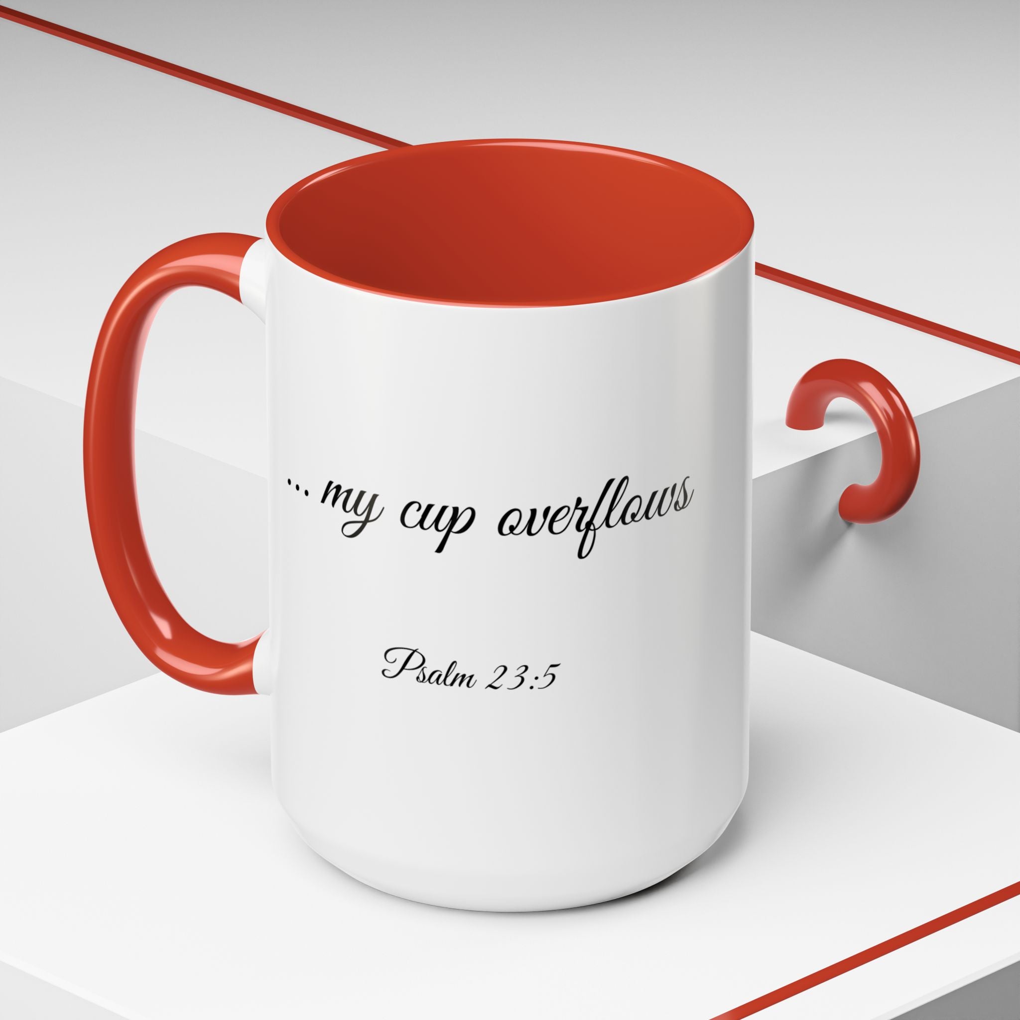 Inspirational Christian Scripture, Bible Verse, "Psalm 23:5", "... my cup overflows", Left-Handed, Multiple Colors, Ceramic, Mug, (11oz, 15oz)