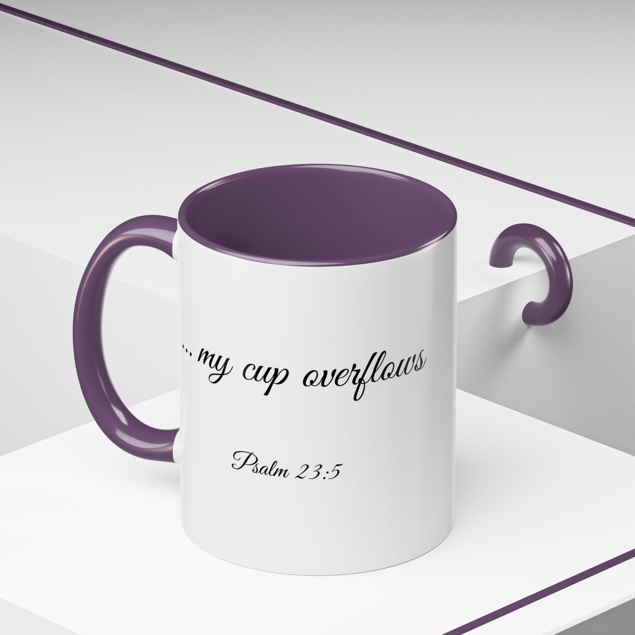 Inspirational Christian Scripture, Bible Verse, "Psalm 23:5", "... my cup overflows", Left-Handed, Multiple Colors, Ceramic, Mug, (11oz, 15oz)