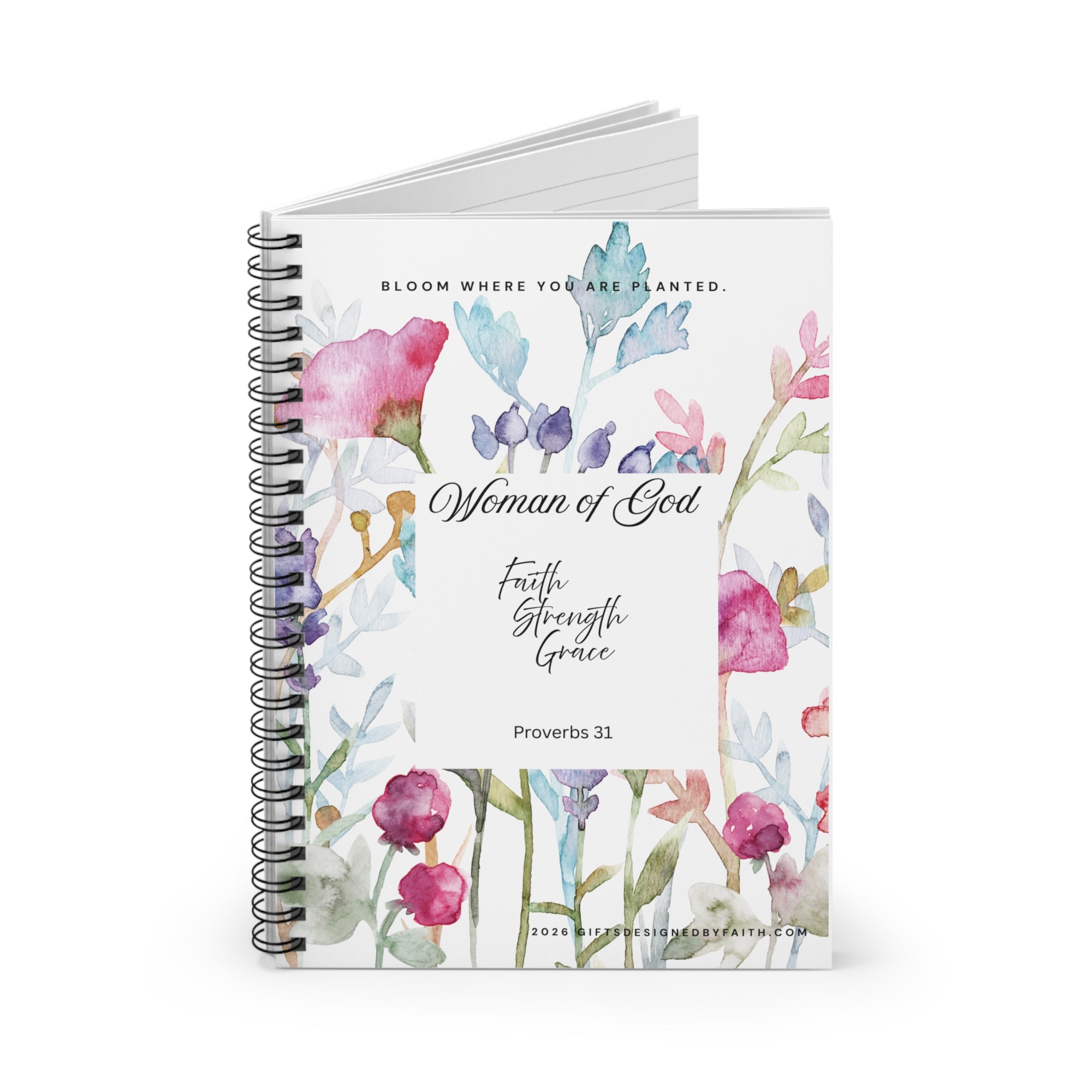 Inspirational Christian Scripture, Bible Verse, Journal, "Proverbs 31", "Woman of God", ("Faith, Strength, Grace"), Floral, Spiral, Notebook, - Ruled Line