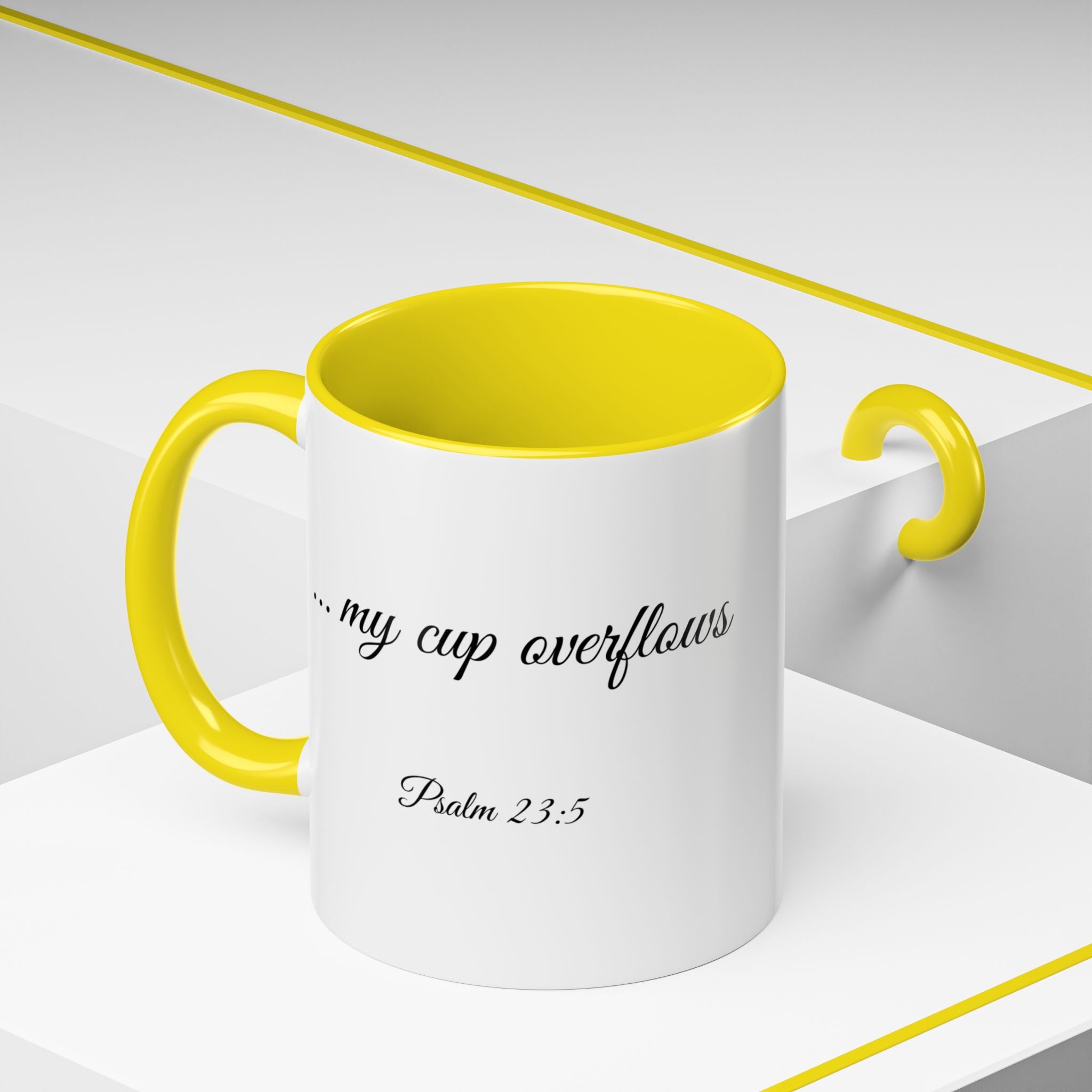 Inspirational Christian Scripture, Bible Verse, "Psalm 23:5", "... my cup overflows", Left-Handed, Multiple Colors, Ceramic, Mug, (11oz, 15oz)